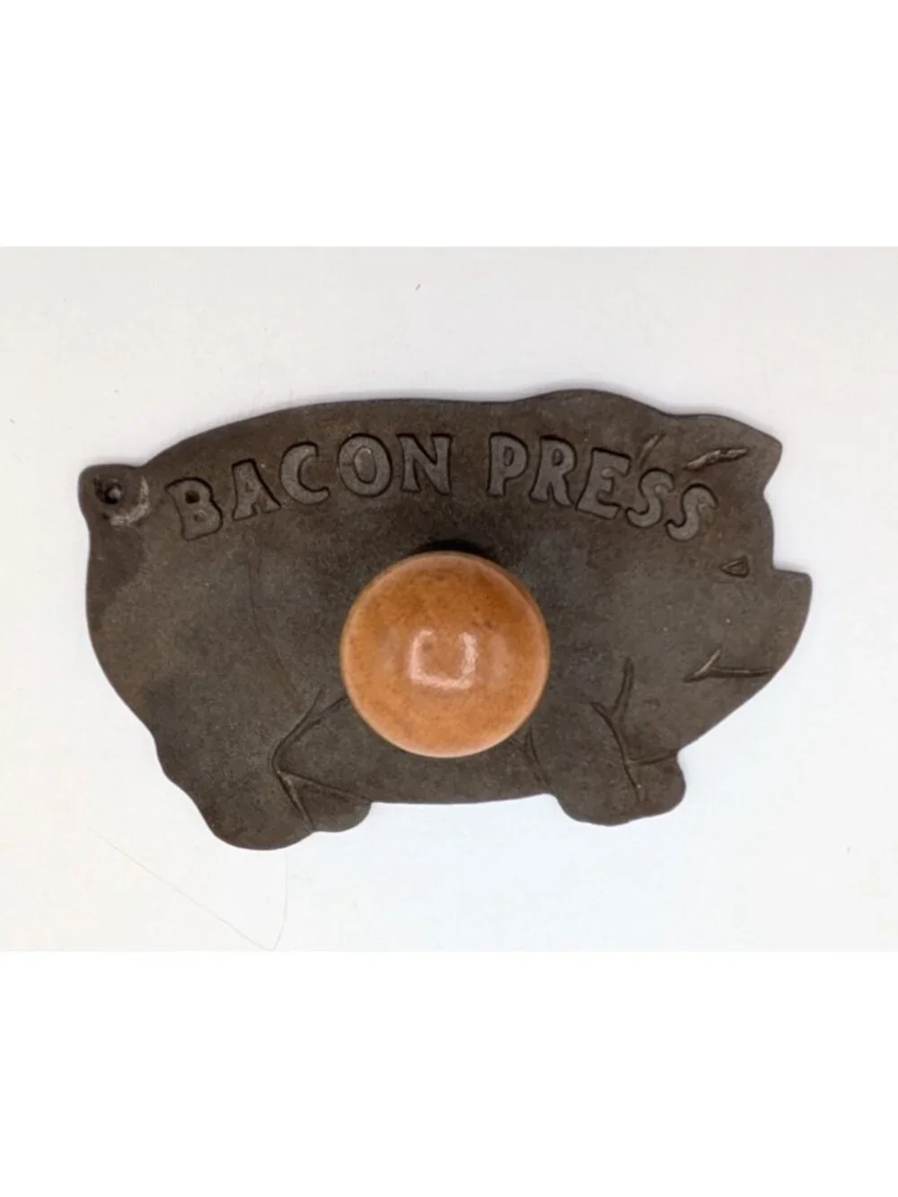 Vintage Cast Iron Bacon Press Pig Shaped Wooden Ball Handle 8